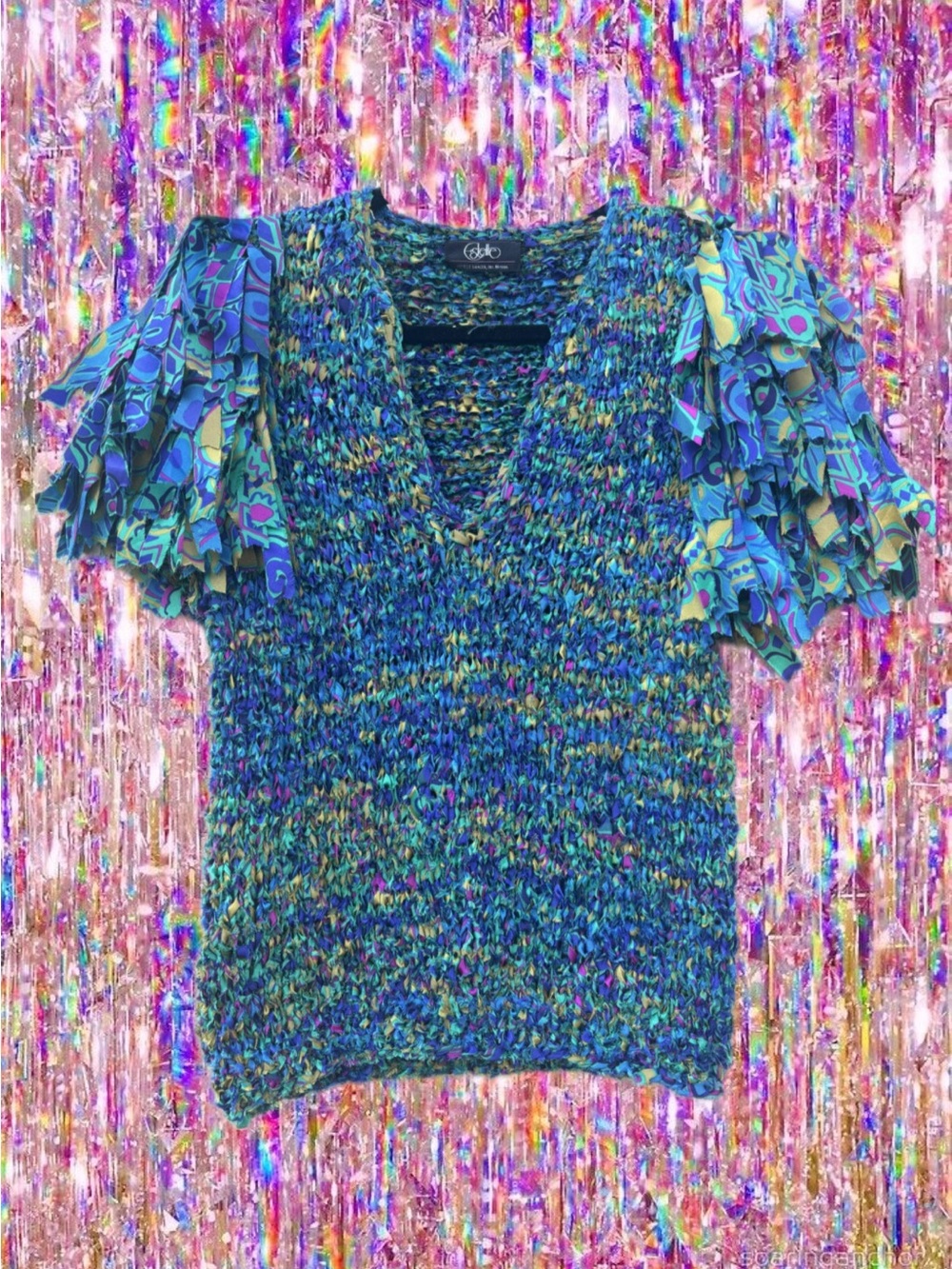 Funky Multicolor Knit V-Neck with Ruffled Sleeves